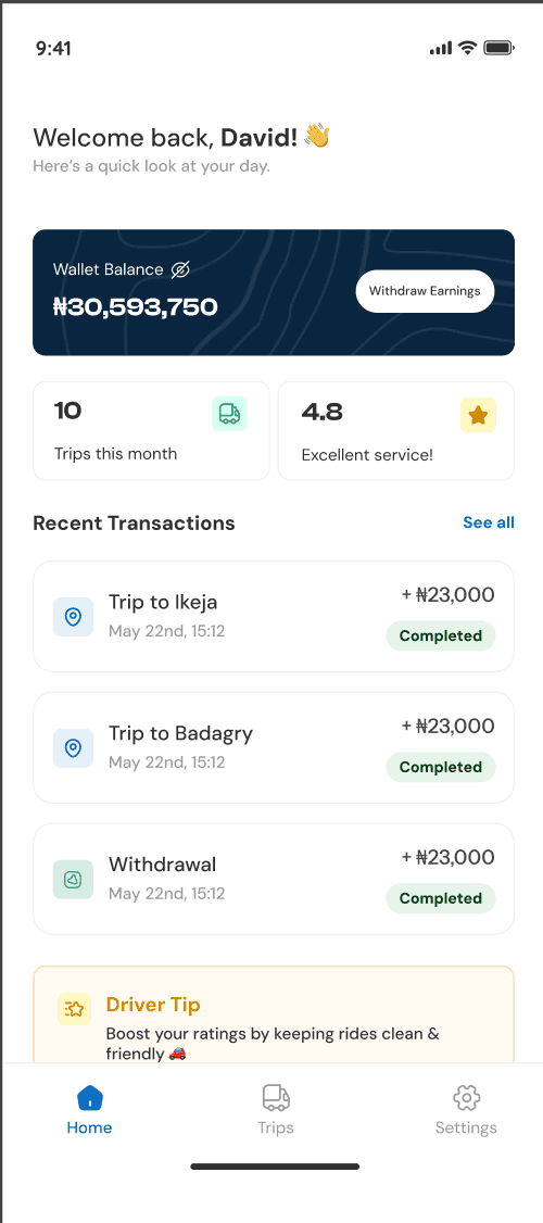 Vendcliq Driver App home screen showing wallet balance, trips this month and recent trip earnings