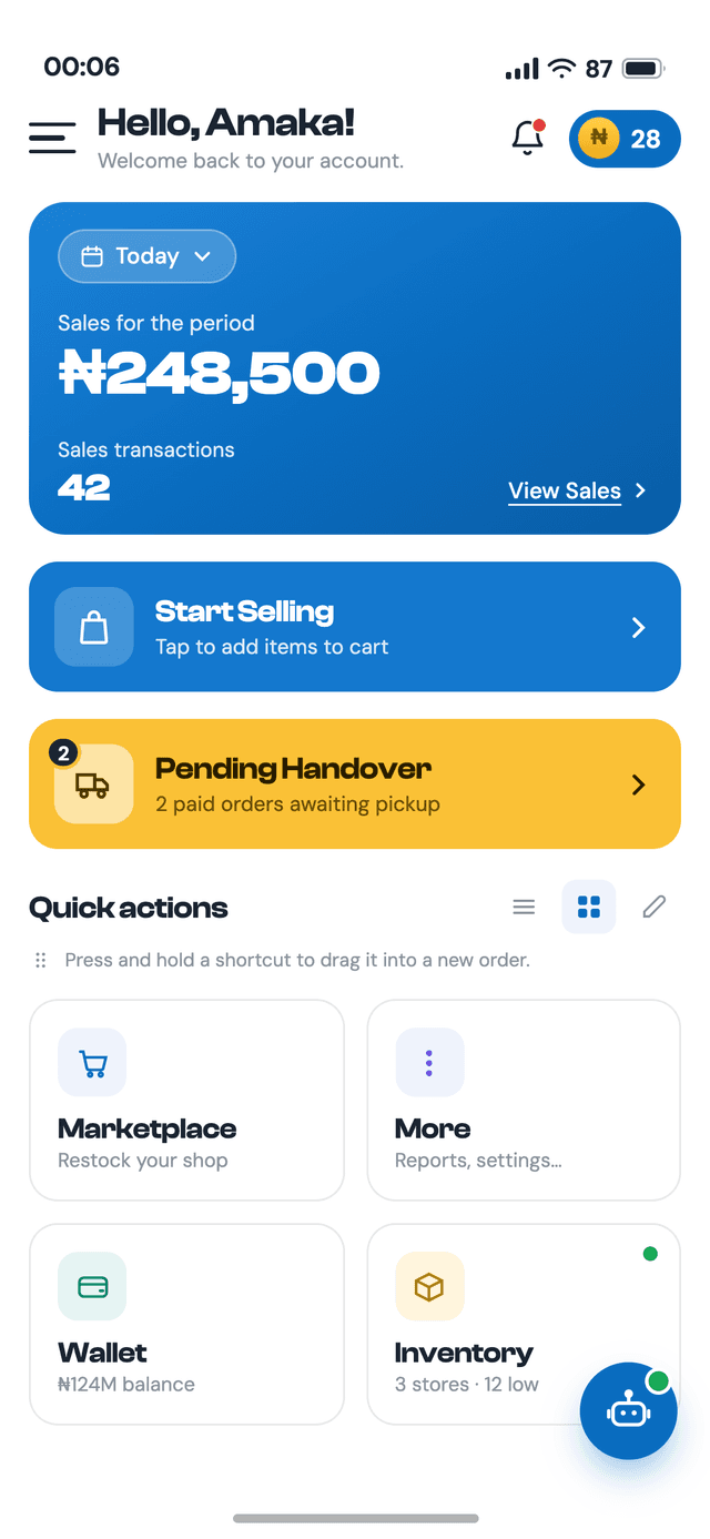 The Vendcliq app home screen, showing sales for the period, Start Selling and Pending Handover