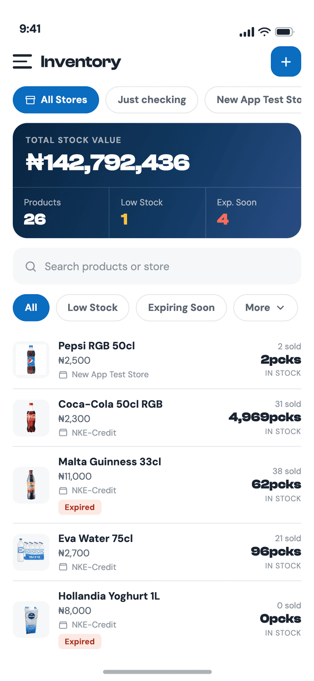 The Vendcliq app Inventory screen, showing total stock value across all stores