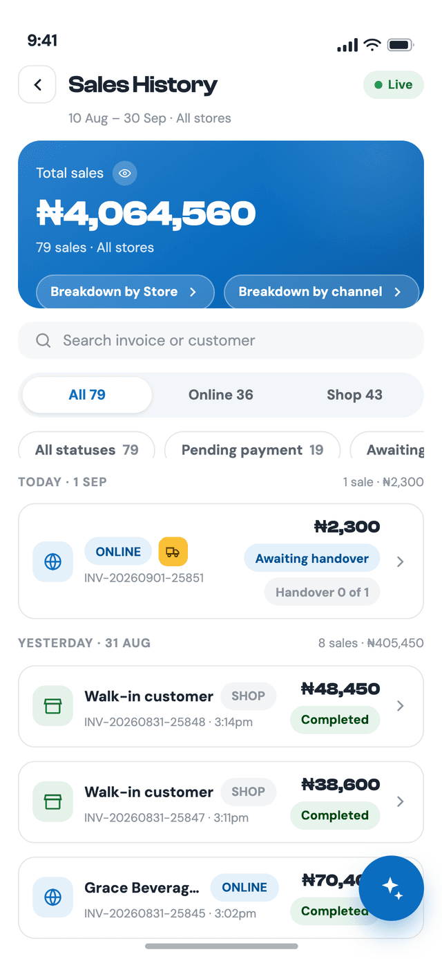 The Vendcliq app Sales History screen, showing online and shop sales side by side